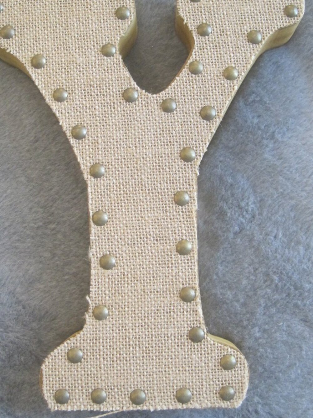 HOBBY LOBBY WOOD AND BURLAP LETTER "Y" WITH BRASS STUD DETAIL